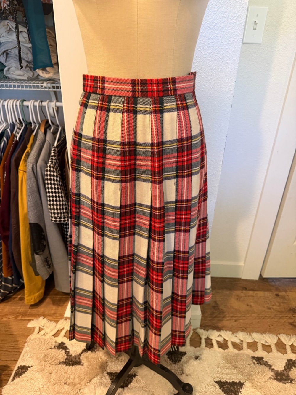 Vintage Lands End Classic Pleated Red Tartan Midi Skirt